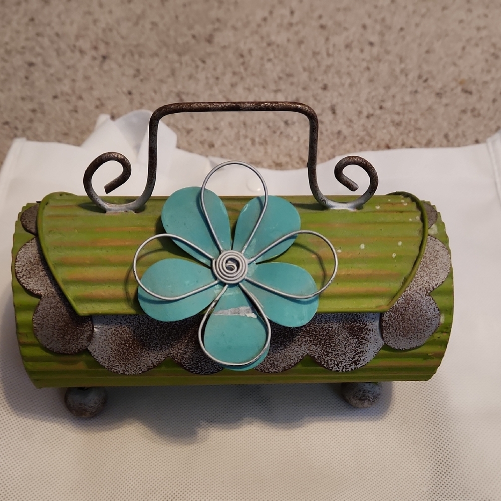Tosh Unique Metal Green & Blue Trinket Box Floral Design